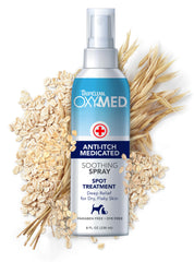 TropiClean OxyMed hot spot bottle close-up for fast itch relief.