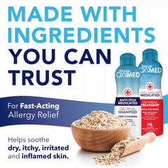 Closeup of Oxymed shampoo label highlighting oatmeal formula and care