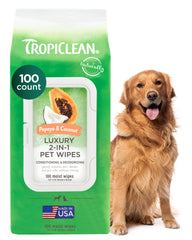 TropiClean Papaya & Coconut wipes packaging for on-the-go cleaning.