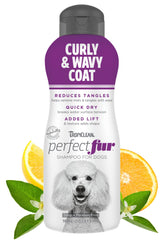TropiClean Perfect Fur detangler shampoo bottle promotes easier detangling for curly coats
