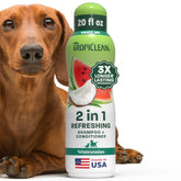TropiClean Watermelon 2-in-1 bottle front for easy pet baths and conditioning.