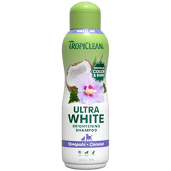 TropiClean Whitening Dog Shampoo bottle shows brightening formula for all coat colors.