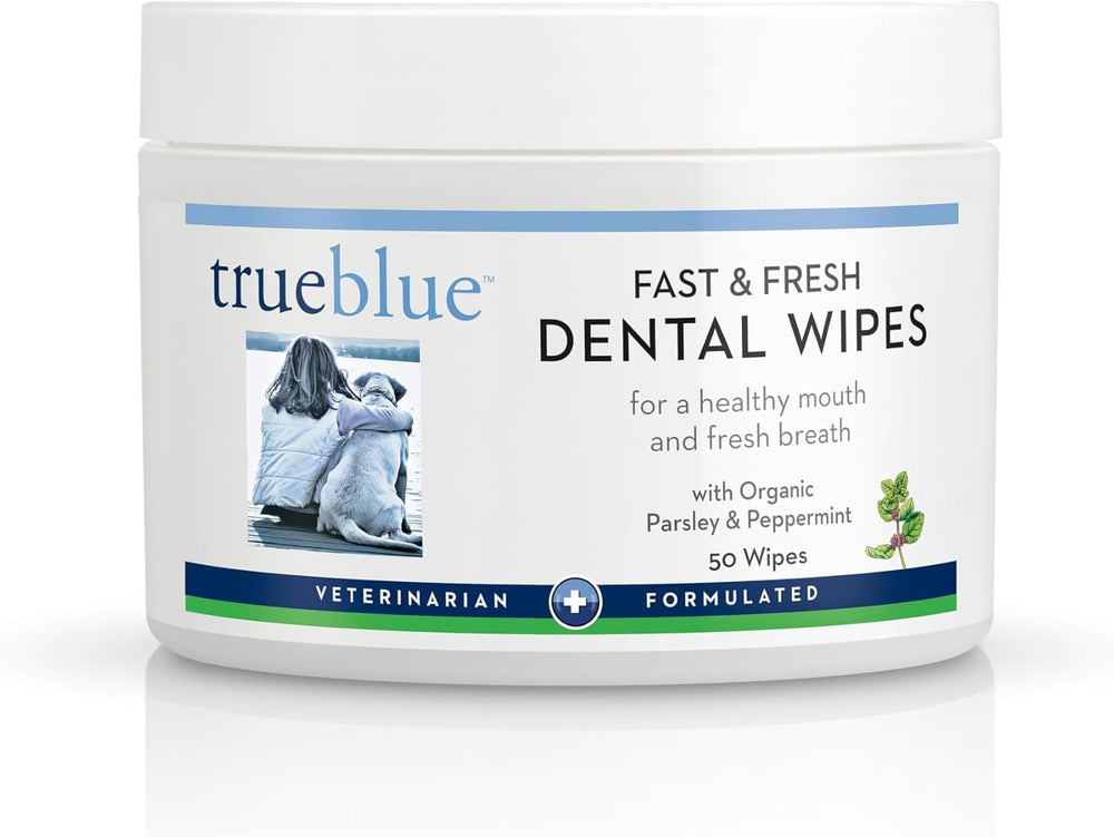 TrueBlue Parsley and Peppermint dental wipes package closeup for natural dental care.