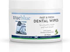 TrueBlue Parsley and Peppermint dental wipes package closeup for natural dental care.