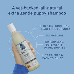 Grooming scene with TrueBlue Puppy Shampoo used during a home grooming session.