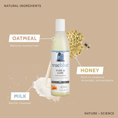 Close-up of TrueBlue Puppy Shampoo ingredients: organic milk and oatmeal for skin hydration.