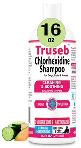 Truseb shampoo bottle front highlights vet-strength cleansing.
