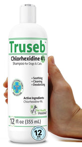 Truseb dog shampoo bottle for topical cleansing with Aloe for a calm coat.