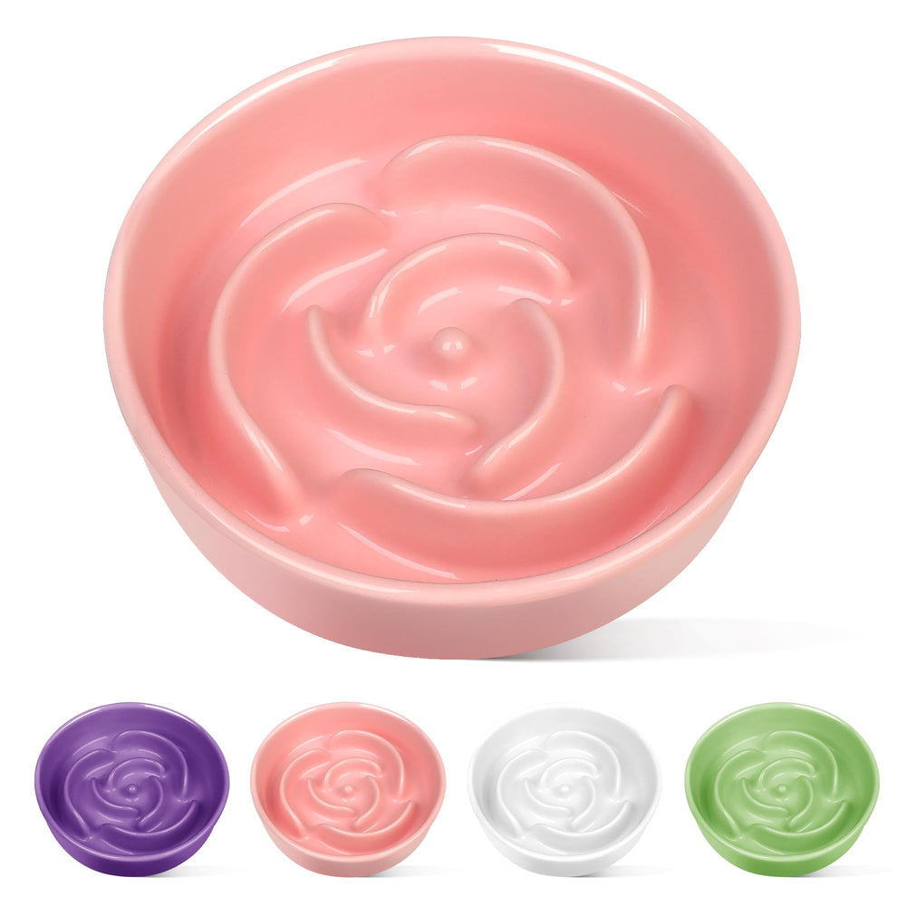 TRUVIC pink ceramic slow feeder dog bowl slows meals for small dogs.