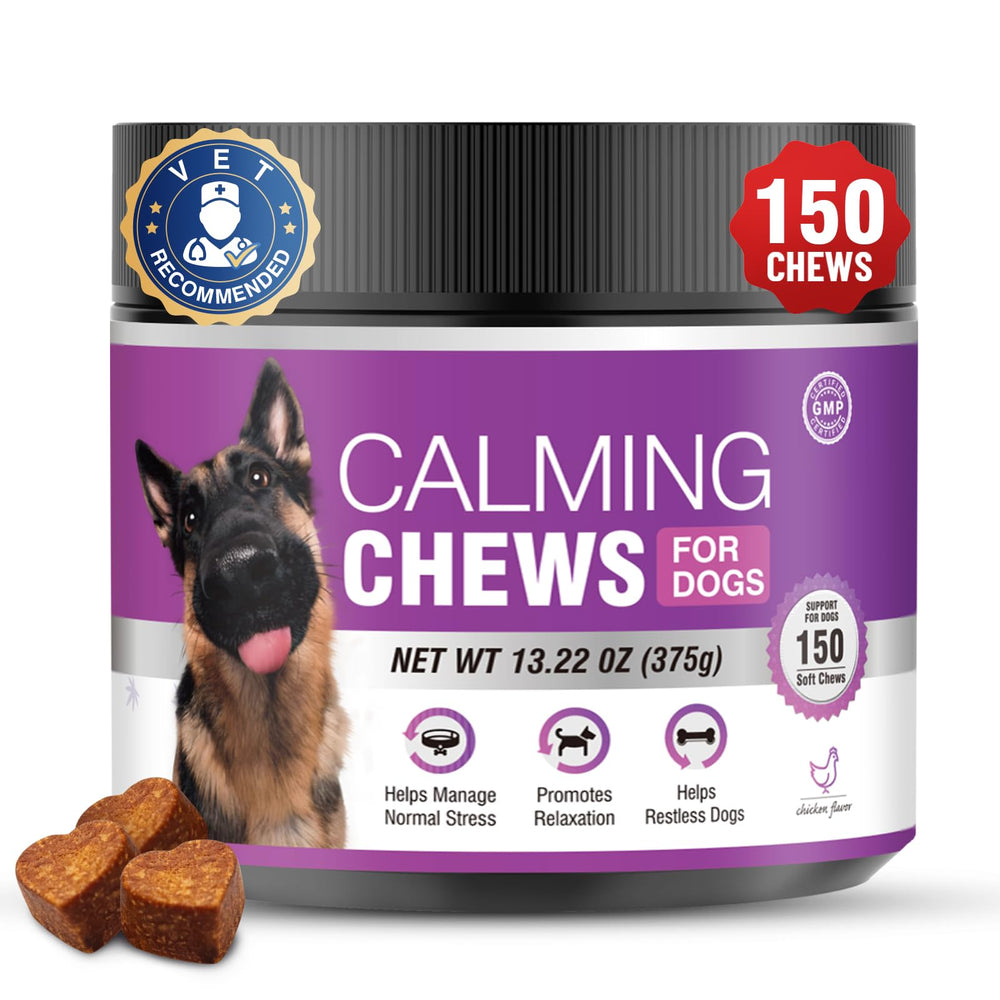 TTLXRL Calming Chews bottle shows melatonin support for anxious dogs during stressful events.