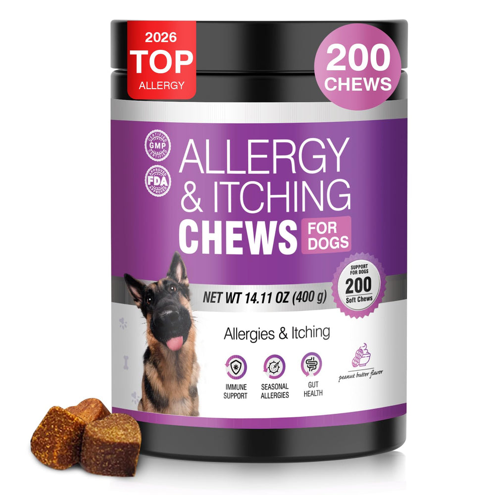 TTLXRL dog allergy chews jar front displays peanut butter flavor, easy administration.