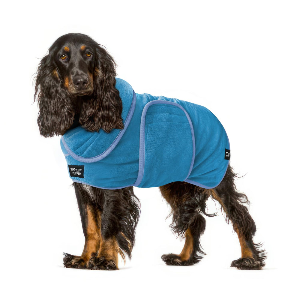 Tuff Pupper Bathrobe in blue worn on a dog after a bath for quick drying
