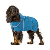 Tuff Pupper Bathrobe in blue worn on a dog after a bath for quick drying