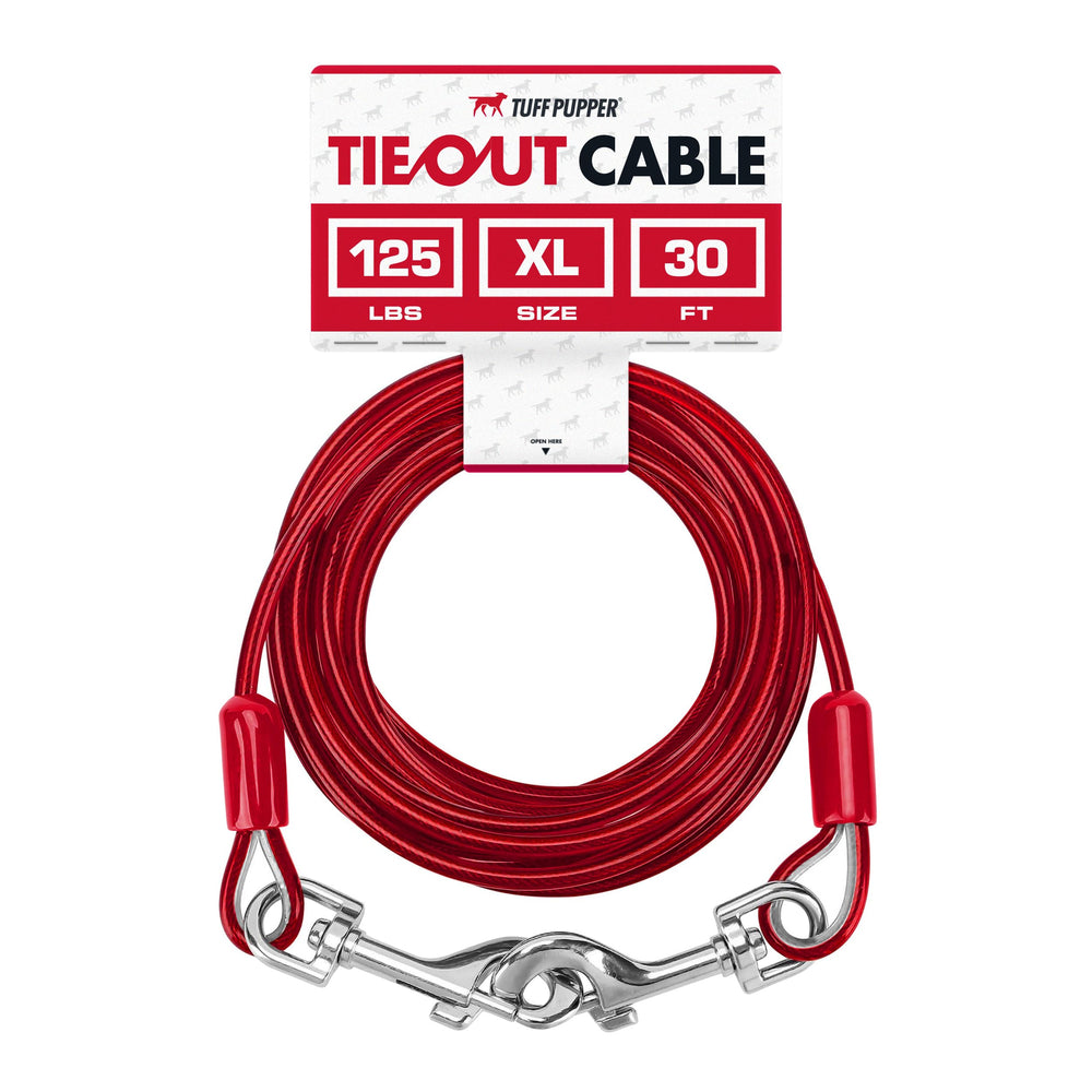 Tuff Pupper dog tie-out cable 30ft in action for safe backyard freedom.