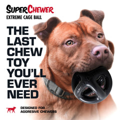 Tuff Pupper SuperChewer cage ball in 2x tennis size fits medium to large dogs.