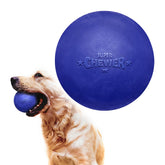 Tuff Pupper SuperChewer ball toy blue close-up for visibility during fetch.