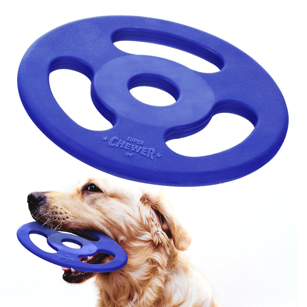 Tuff Pupper Tug Disc blue during fetch improves exercise and bonding.