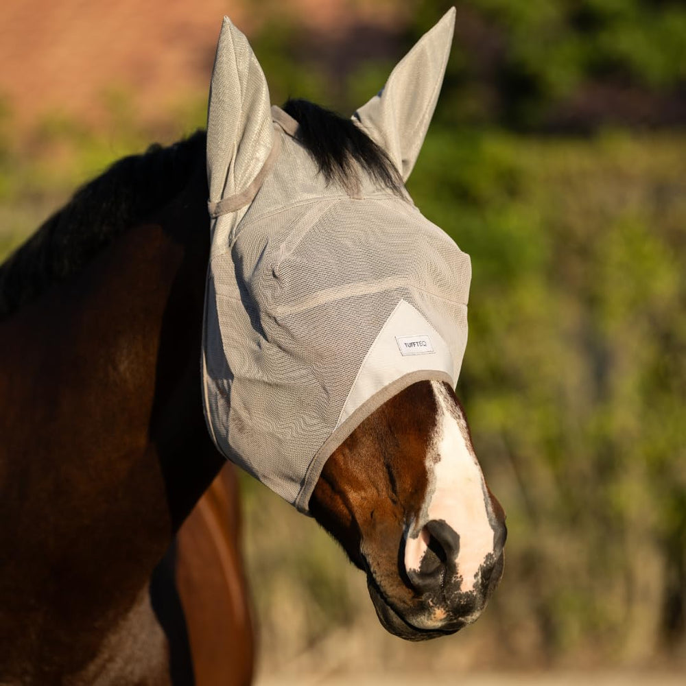 TUFFTEQ horse fly mask with ears visor shields eyes and reduces glare during turnout