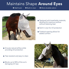 TUFFTEQ horse fly mask full-face-coverage shields nose and ears from insects.