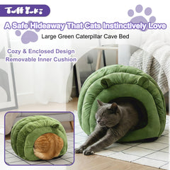 TUFFYUKI Luxe Green Jumbo Caterpillar Cat Cave memory foam base supports joints with gentle contouring.