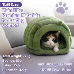 TUFFYUKI Luxe Green Jumbo Caterpillar Cat Cave raised rim provides 360° security for anxious cats.