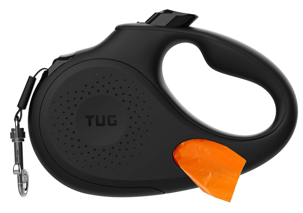 TUG Oval 360° retractable leash with integrated waste bag dispenser for on-the-go walks.