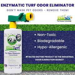 TurFresh BioS+ bottle label close-up highlighting enzymatic odor elimination