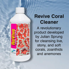 Two Little Fishies ATLRC4 Revive Coral Cleaner bottle back highlights American-made formula benefits reef health.
