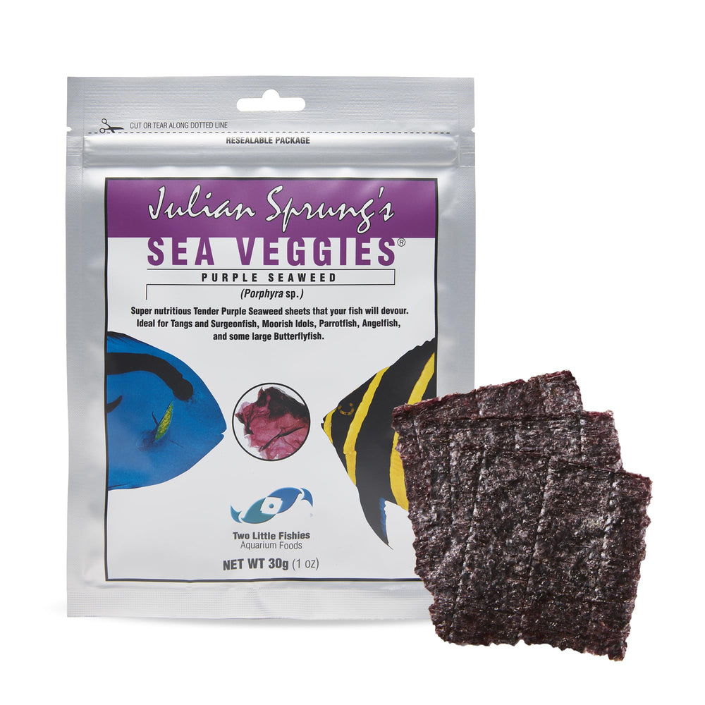 Two Little Fishies Sea Veg-Purple Seaweed pouch front shows easy feeding for your fish.