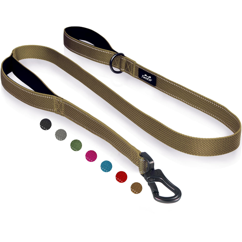 TwoEar 6ft brown dog leash with padded handles for comfortable grip during walks.