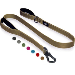 TwoEar 6ft brown dog leash with padded handles for comfortable grip during walks.