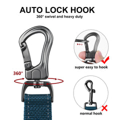 TwoEar auto-lock hook keeps the leash secure with easy single-handed use.