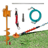 Tyalez dog stake in yard, heavy-duty anchor for large dogs.