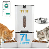 TYM Dual Automatic Feeder showing two-bowl design for two cats and shared meals