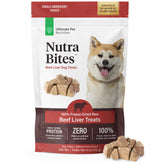 Nutra Bites beef liver treat pack showing 100% single-ingredient nutrition for dogs.