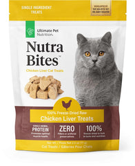 ULTIMATE PET NUTRITION Nutra Bites for Cats in a jar with chicken liver for tasty rewards.