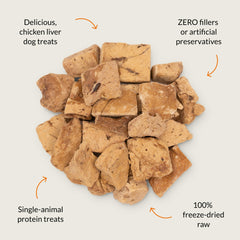 Close-up of chicken liver pieces reveals freeze-dried texture preserving aroma for training.