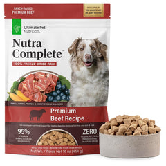 Nutra Complete beef bites bag shows premium freeze-dried protein for dogs