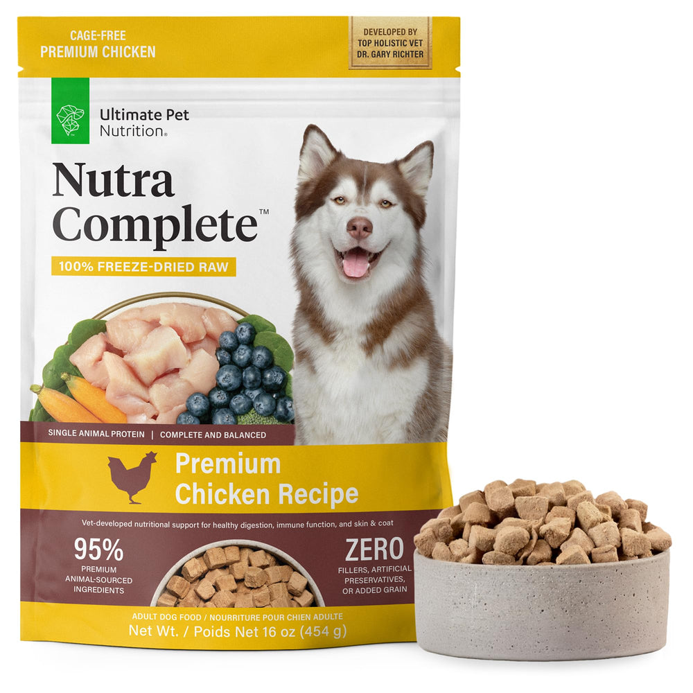 ULTIMATE PET NUTRITION Nutra Complete freeze-dried chicken bites in a 1 lb bag for easy protein.
