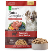 Ultimate Pet Nutrition Nutra Complete freeze-dried beef bites, rich flavor and potential digestive support.