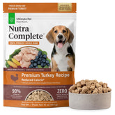 Ultimate Pet Nutrition Nutra Complete Turkey bag top view highlights premium freeze-dried nutrition for dogs.