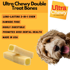 Ultra Chewy Double Treat Bones close-up shows dog chewing to support dental health