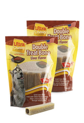 Ultra Chewy Double Treat Bones liver-flavor packaging highlights USA-made quality for all breeds.