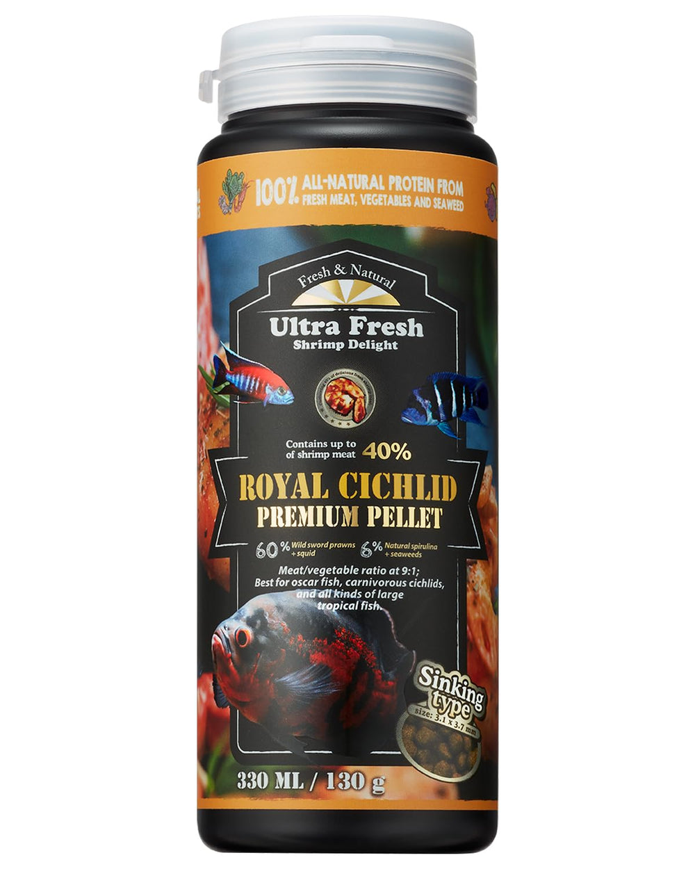Ultra Fresh cichlid sinking pellet with sword prawns for enhanced flavor and color.