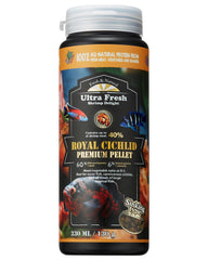 Ultra Fresh cichlid sinking pellet with sword prawns for enhanced flavor and color.