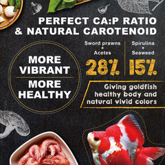 Ultra Fresh color-enhancing pellets closeup highlights vibrant goldfish color and balanced nutrition.