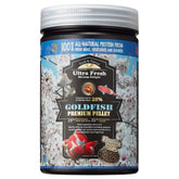 Ultra Fresh floating goldfish food bottle-dispense shows easy feeding with buoyant pellets for clear water.