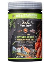 Ultra Fresh Floating Juvenile Turtle Food front label showing all-natural ingredients for balanced nutrition