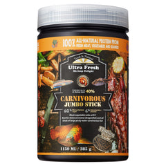 Ultra Fresh Monster Fish Food bottle label showing premium carnivore formula for large fish.