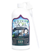 Ultra Oil bottle label highlights hemp and fish oil for healthy skin and coat.